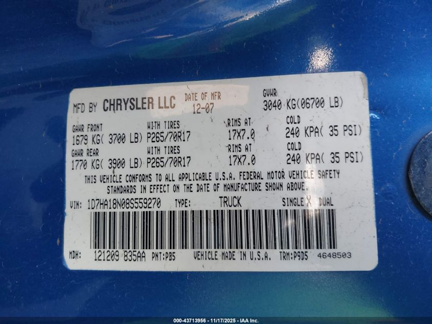 2008 Dodge Ram 1500 St/Sxt VIN: 1D7HA18N08S559270 Lot: 43713956