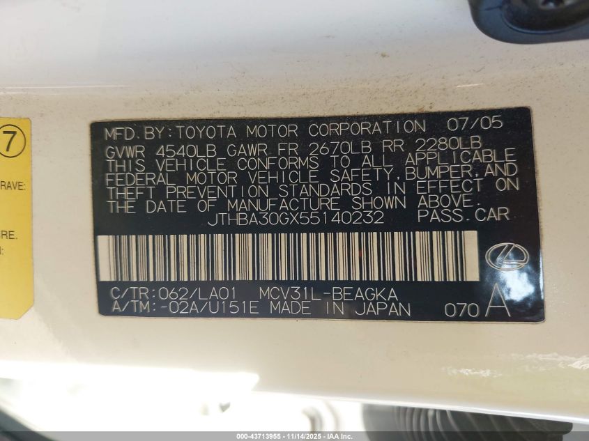 2005 Lexus Es 330 VIN: JTHBA30GX55140232 Lot: 43713955