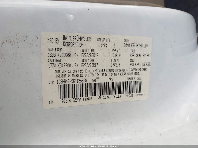 2006 Dodge Durango Slt VIN: 1D8HB48N96F135859 Lot: 43713976