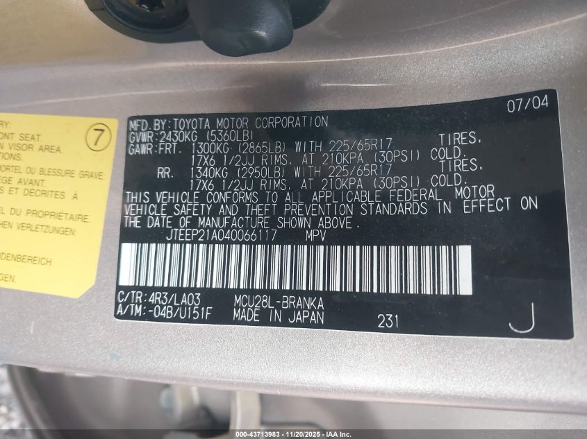 2004 Toyota Highlander Limited V6 VIN: JTEEP21A040066117 Lot: 43713983