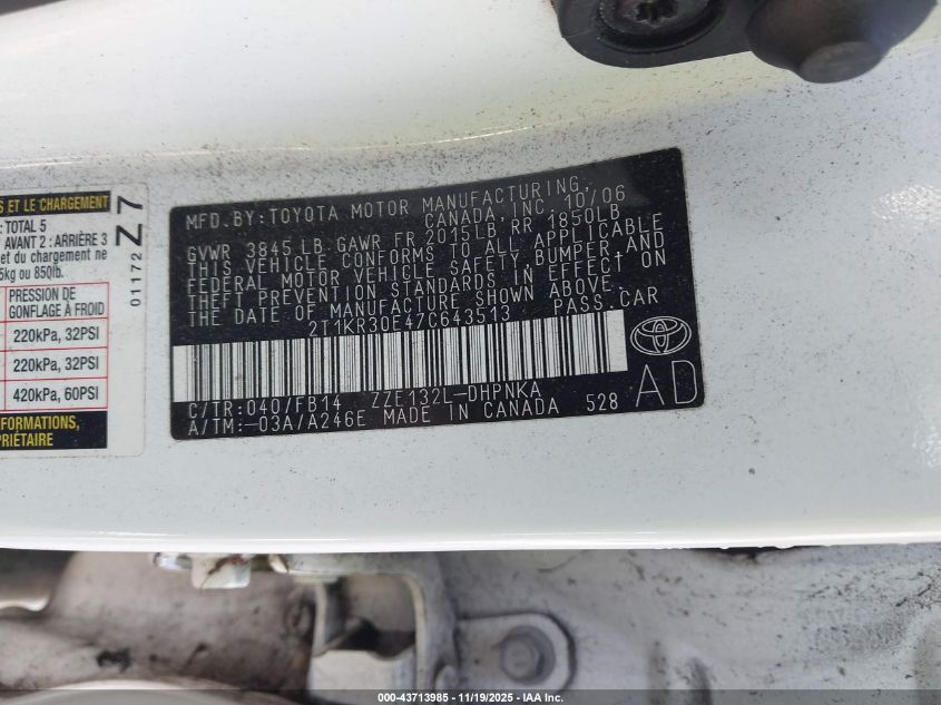 2007 Toyota Matrix Xr VIN: 2T1KR30E47C643513 Lot: 43713985