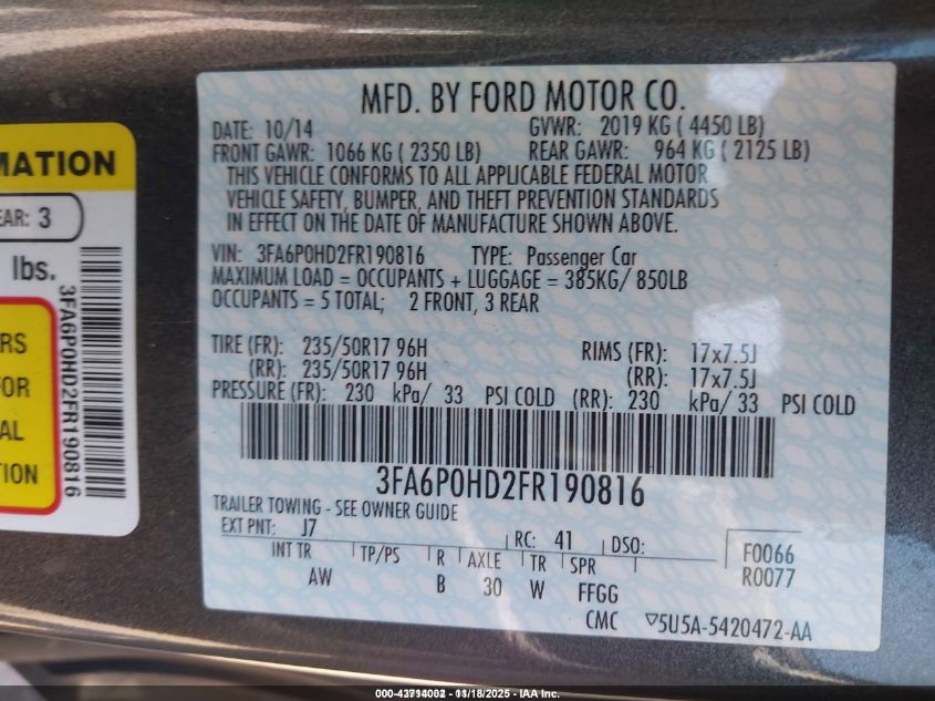 2015 Ford Fusion Se VIN: 3FA6P0HD2FR190816 Lot: 43714002