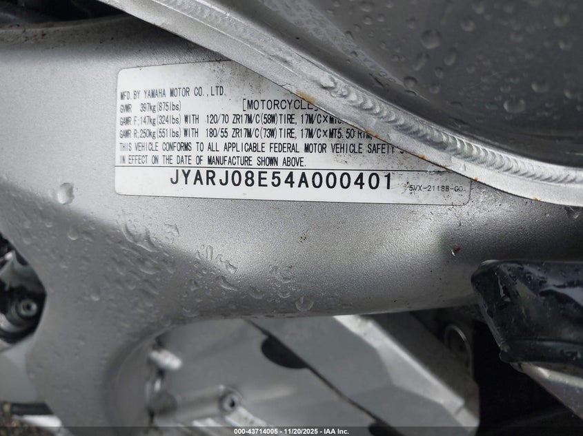 2004 Yamaha Fz6 S VIN: JYARJ08E54A000401 Lot: 43714005