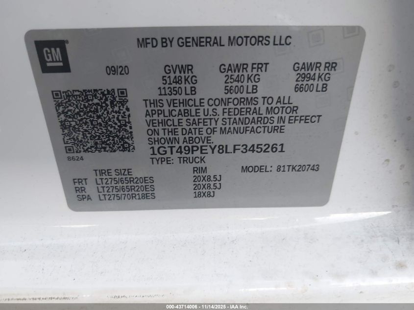 2020 GMC Sierra 2500Hd 4Wd Standard Bed At4 VIN: 1GT49PEY8LF345261 Lot: 43714006