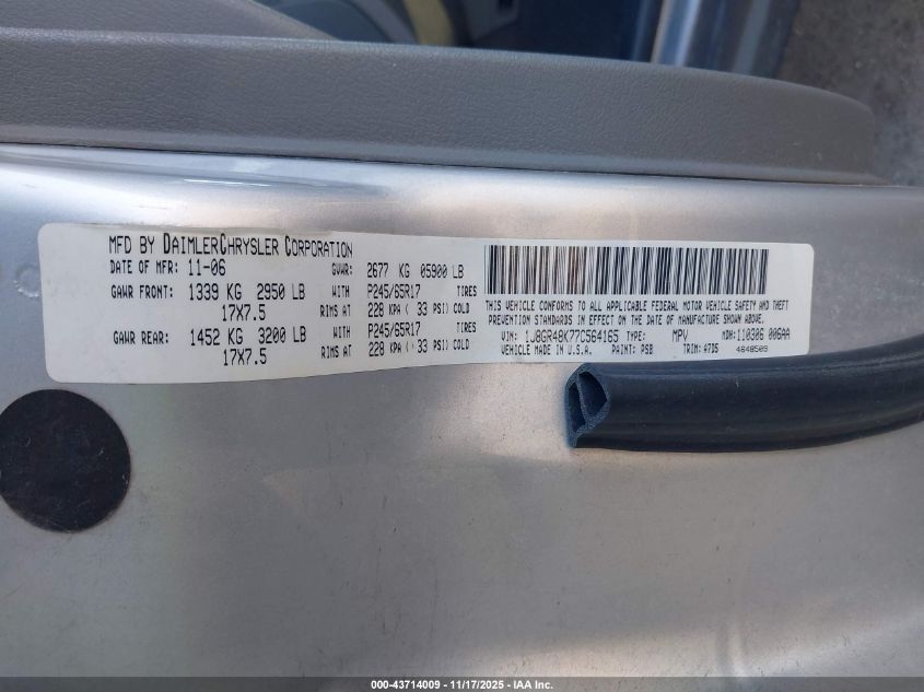 2007 Jeep Grand Cherokee Laredo VIN: 1J8GR48K77C564165 Lot: 43714009