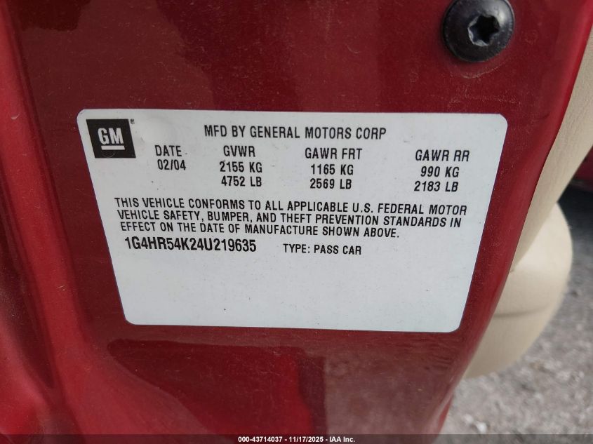2004 Buick Lesabre Limited VIN: 1G4HR54K24U219635 Lot: 43714037