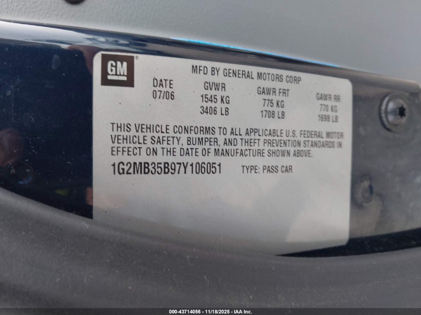 2007 Pontiac Solstice VIN: 1G2MB35B97Y106051 Lot: 43714056