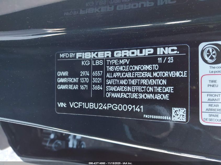 2023 Fisker Ocean Ultra VIN: VCF1UBU24PG009141 Lot: 43714060