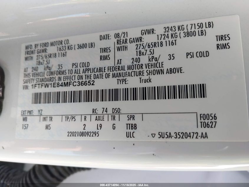 2021 Ford F-150 Xlt VIN: 1FTFW1E84MFC36652 Lot: 43714094