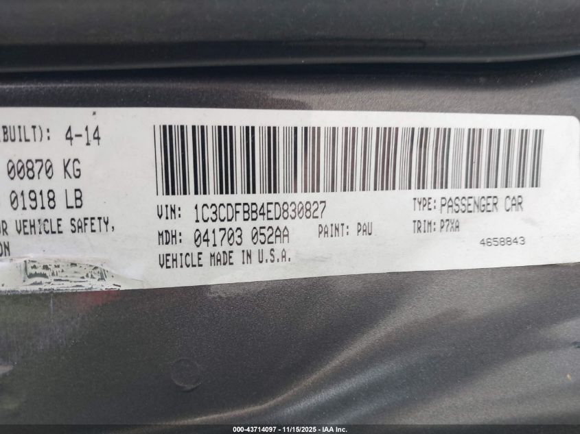 2014 Dodge Dart Sxt VIN: 1C3CDFBB4ED830827 Lot: 43714097