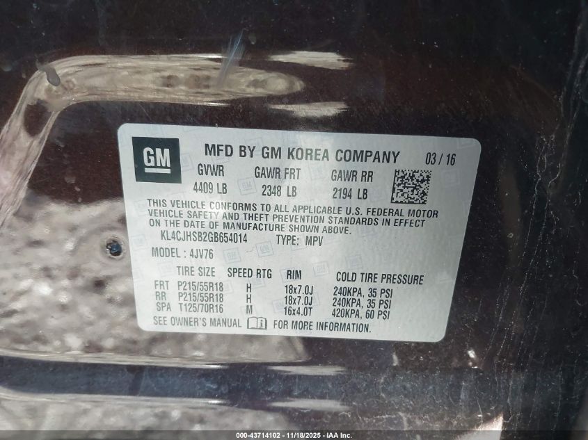 2016 Buick Encore Premium VIN: KL4CJHSB2GB654014 Lot: 43714102