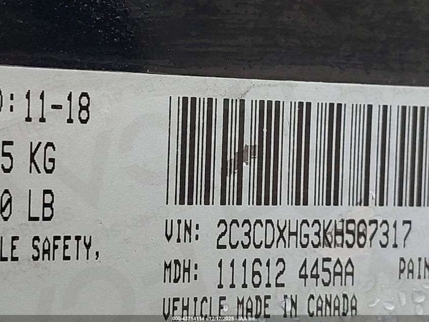 2019 Dodge Charger Gt Rwd VIN: 2C3CDXHG3KH567317 Lot: 43714114