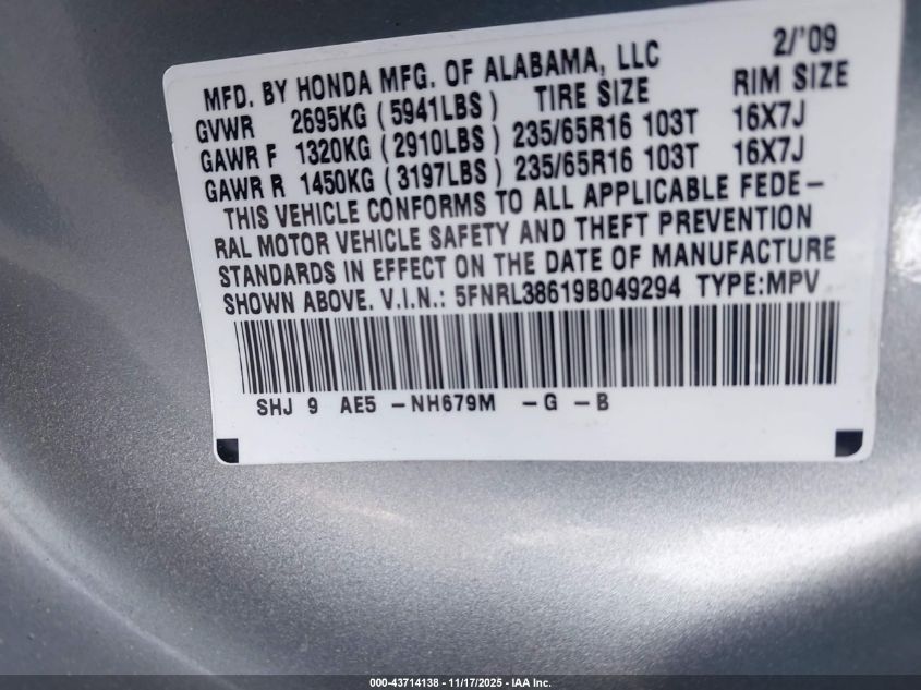 2009 Honda Odyssey Ex-L VIN: 5FNRL38619B049294 Lot: 43714138