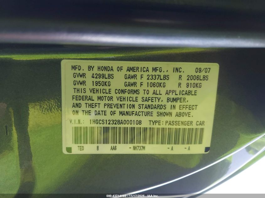 2008 Honda Accord 2.4 Lx-S VIN: 1HGCS12328A000108 Lot: 43714155