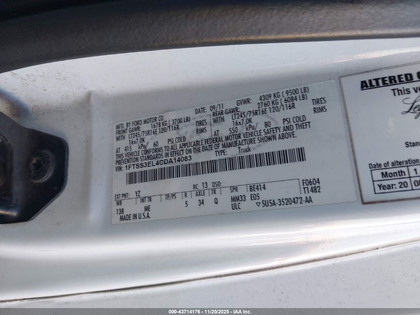 2012 Ford E-350 Super Duty Commercial VIN: 1FTSS3EL4CDA14083 Lot: 43714176