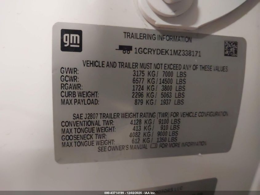 2021 Chevrolet Silverado 1500 4Wd Standard Bed Lt VIN: 1GCRYDEK1MZ338171 Lot: 43714199