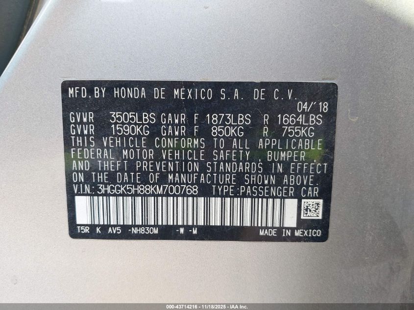 2019 Honda Fit Ex VIN: 3HGGK5H88KM700768 Lot: 43714216