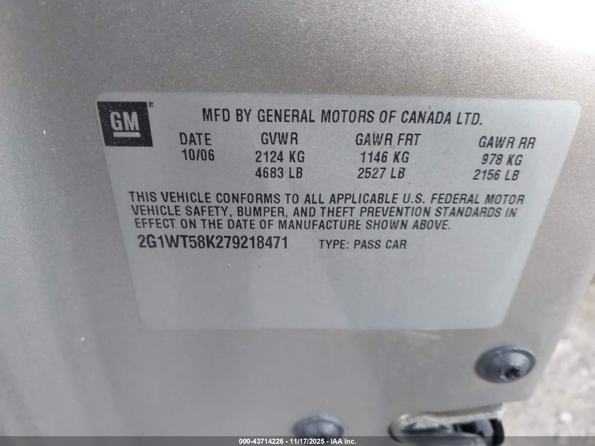 2007 Chevrolet Impala Lt VIN: 2G1WT58K279218471 Lot: 43714226