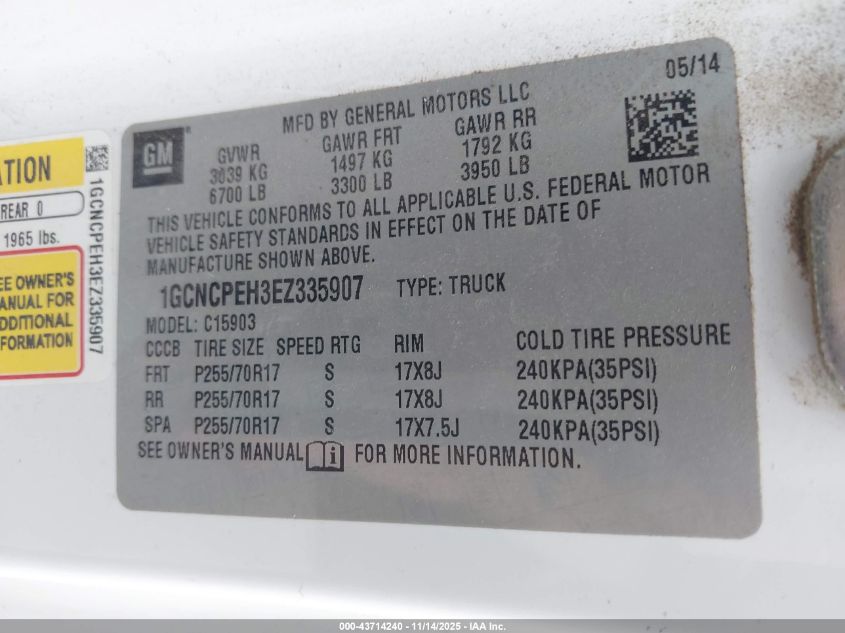 2014 Chevrolet Silverado 1500 Work Truck 1Wt VIN: 1GCNCPEH3EZ335907 Lot: 43714240