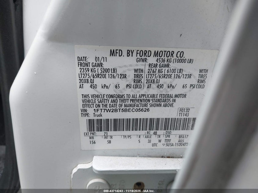 2011 Ford F-250 Lariat VIN: 1FT7W2BT5BEC05626 Lot: 43714243