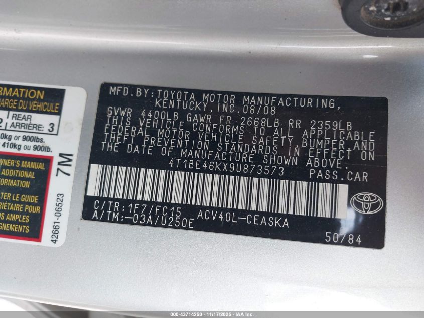 2009 Toyota Camry Se VIN: 4T1BE46KX9U873573 Lot: 43714250