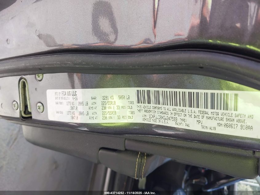 2016 Jeep Cherokee Limited VIN: 1C4PJLDBXGW347593 Lot: 43714252