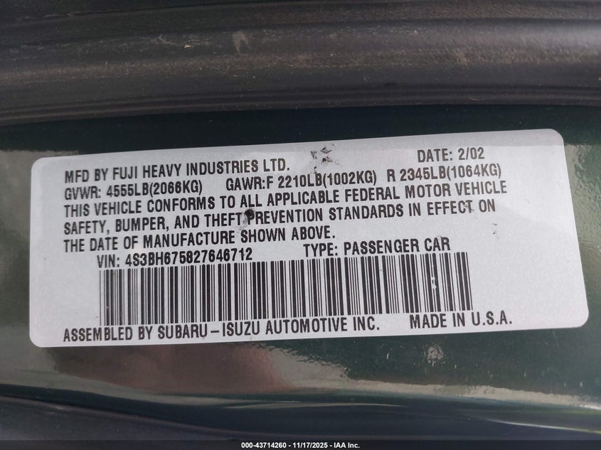 2002 Subaru Outback VIN: 4S3BH675827646712 Lot: 43714260