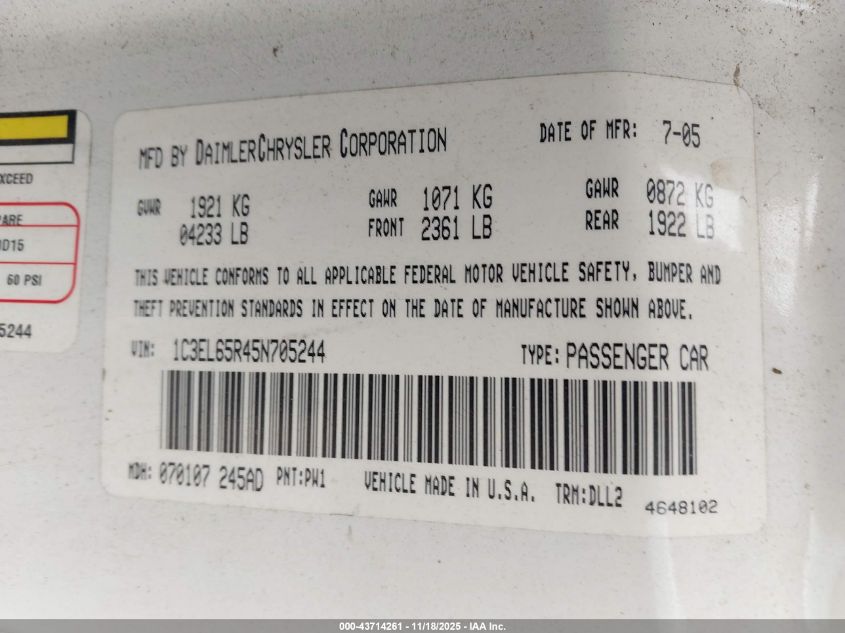 2005 Chrysler Sebring Limited VIN: 1C3EL65R45N705244 Lot: 43714261