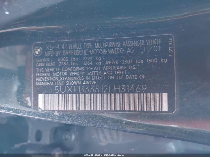 2002 BMW X5 4.4I VIN: 5UXFB33512LH31469 Lot: 43714262