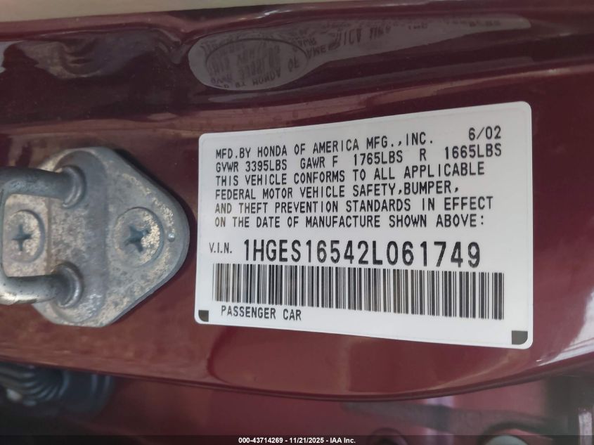 2002 Honda Civic Lx VIN: 1HGES16542L061749 Lot: 43714269