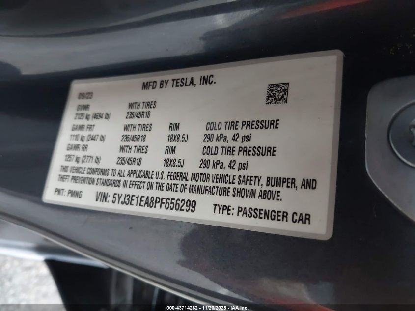 2023 Tesla Model 3 Rear-Wheel Drive VIN: 5YJ3E1EA8PF656299 Lot: 43714282