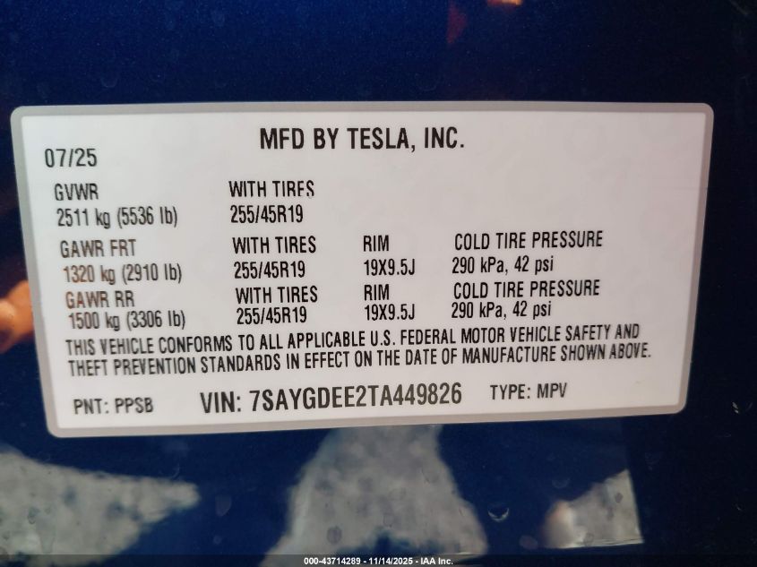 2026 Tesla Model Y Long Range Dual Motor All-Wheel Drive/Long Range Launch Series VIN: 7SAYGDEE2TA449826 Lot: 43714289