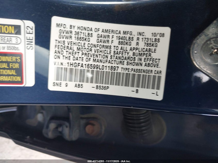 1HGFA16599L011897 2009 HONDA CIVIC photo no. 9