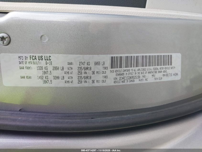 2019 Chrysler Pacifica Touring L Plus VIN: 2C4RC1EG9KR525190 Lot: 43714297