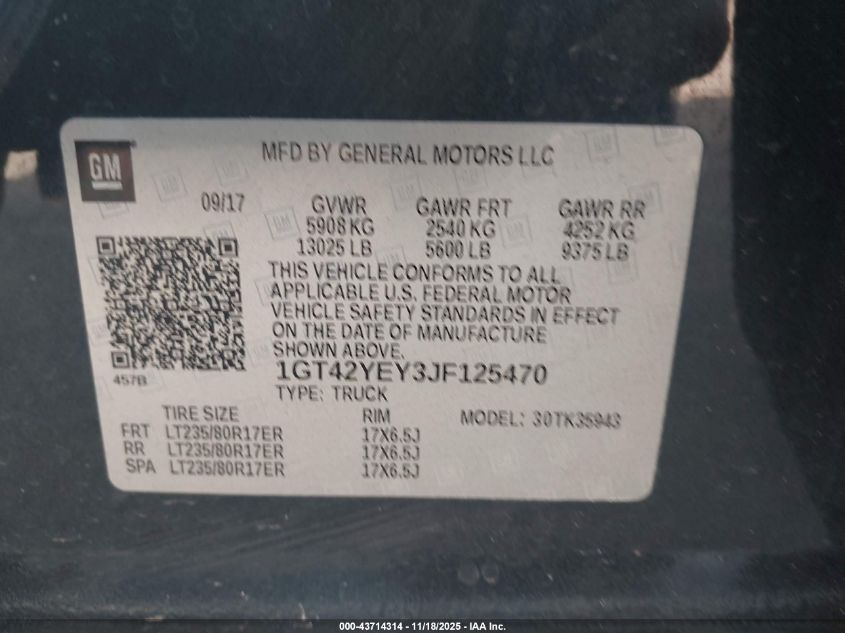 2018 GMC Sierra 3500Hd Denali VIN: 1GT42YEY3JF125470 Lot: 43714314