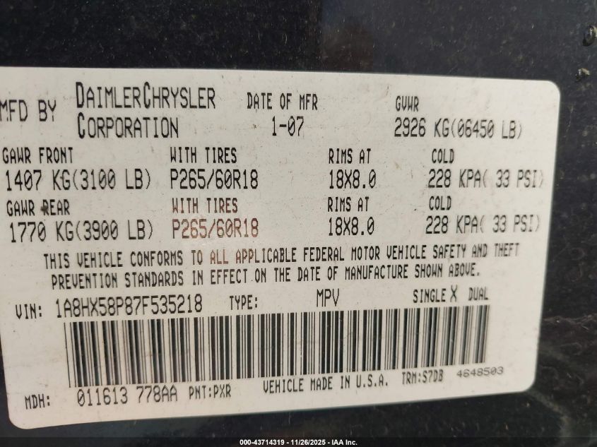 2007 Chrysler Aspen Limited VIN: 1A8HX58P87F535218 Lot: 43714319