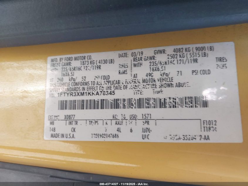2019 Ford Transit-250 VIN: 1FTYR3XM1KKA78345 Lot: 43714327