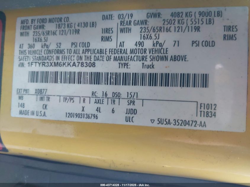 2019 Ford Transit-250 VIN: 1FTYR3XM6KKA78308 Lot: 43714328