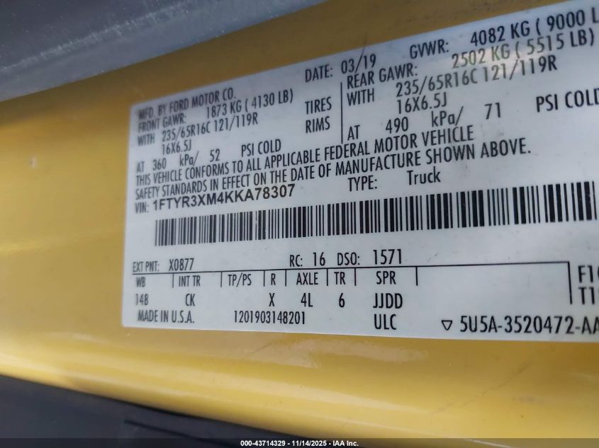 2019 Ford Transit-250 VIN: 1FTYR3XM4KKA78307 Lot: 43714329