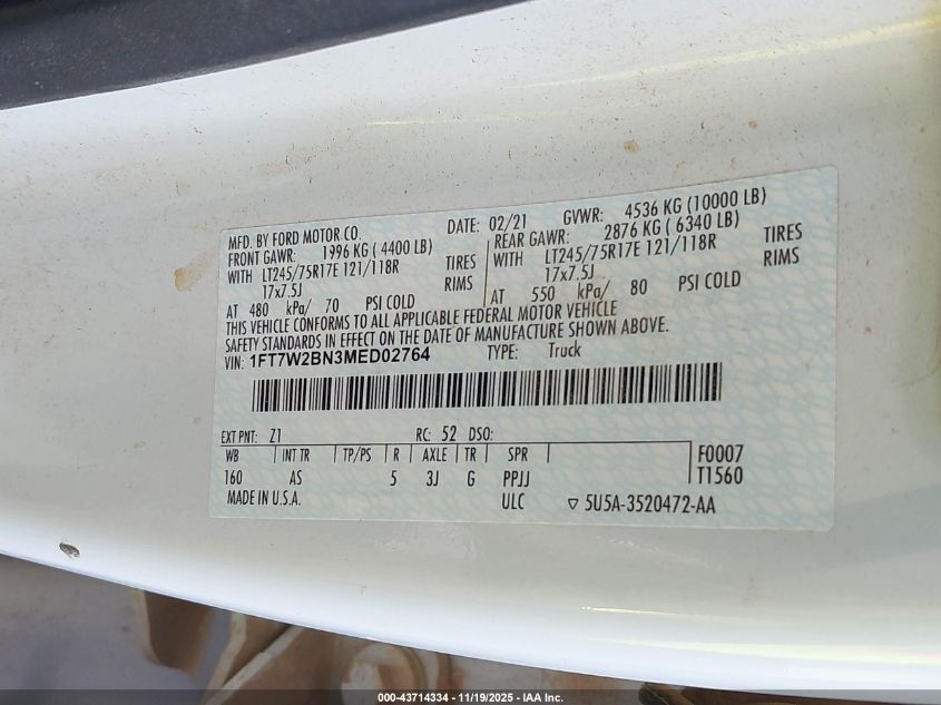 2021 Ford F-250 Xl VIN: 1FT7W2BN3MED02764 Lot: 43714334