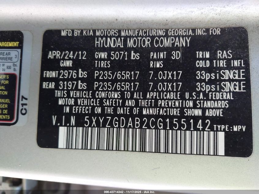 2012 Hyundai Santa Fe Gls VIN: 5XYZGDAB2CG155142 Lot: 43714342