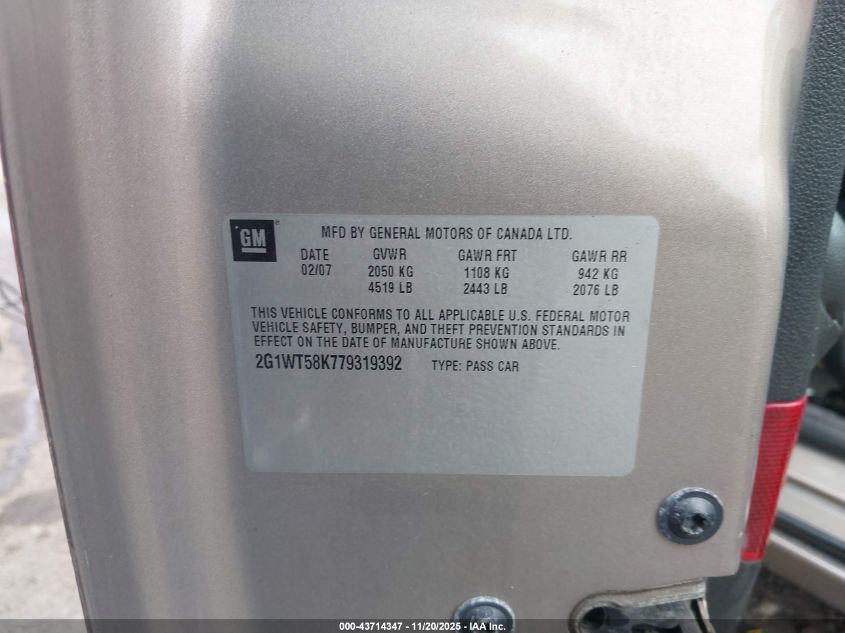 2007 Chevrolet Impala Lt VIN: 2G1WT58K779319392 Lot: 43714347