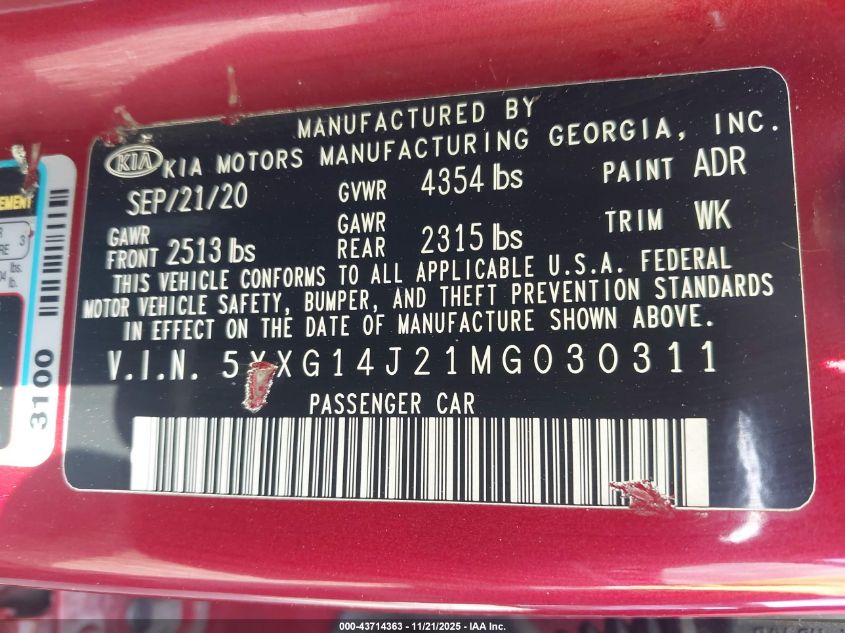 2021 Kia K5 Lxs VIN: 5XXG14J21MG030311 Lot: 43714363