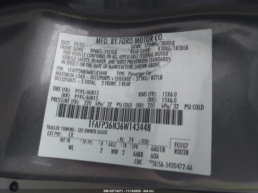 2006 Ford Focus Zxw VIN: 1FAFP36N36W143448 Lot: 43714371