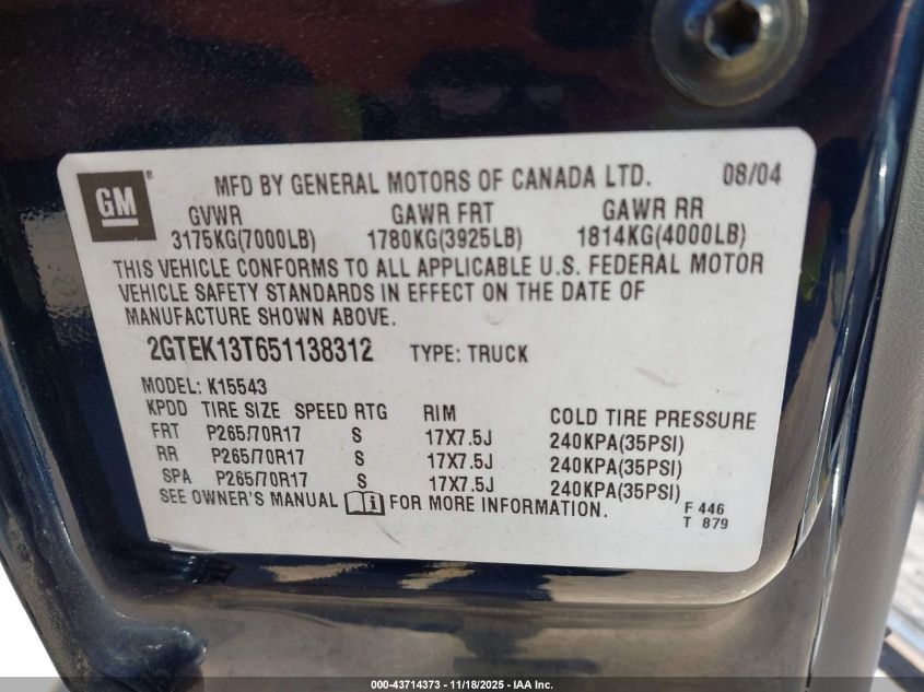 2005 GMC Sierra 1500 Slt VIN: 2GTEK13T651138312 Lot: 43714373