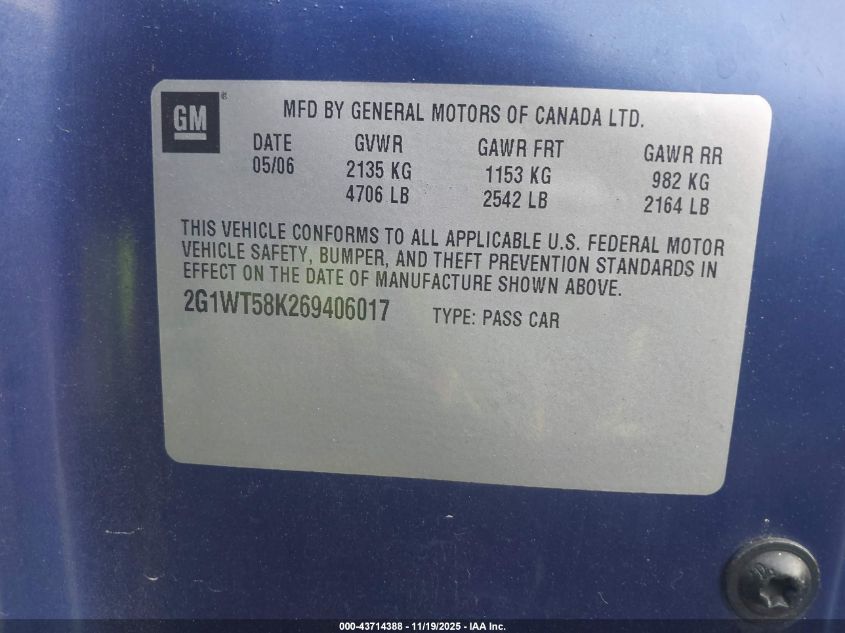 2006 Chevrolet Impala Lt VIN: 2G1WT58K269406017 Lot: 43714388