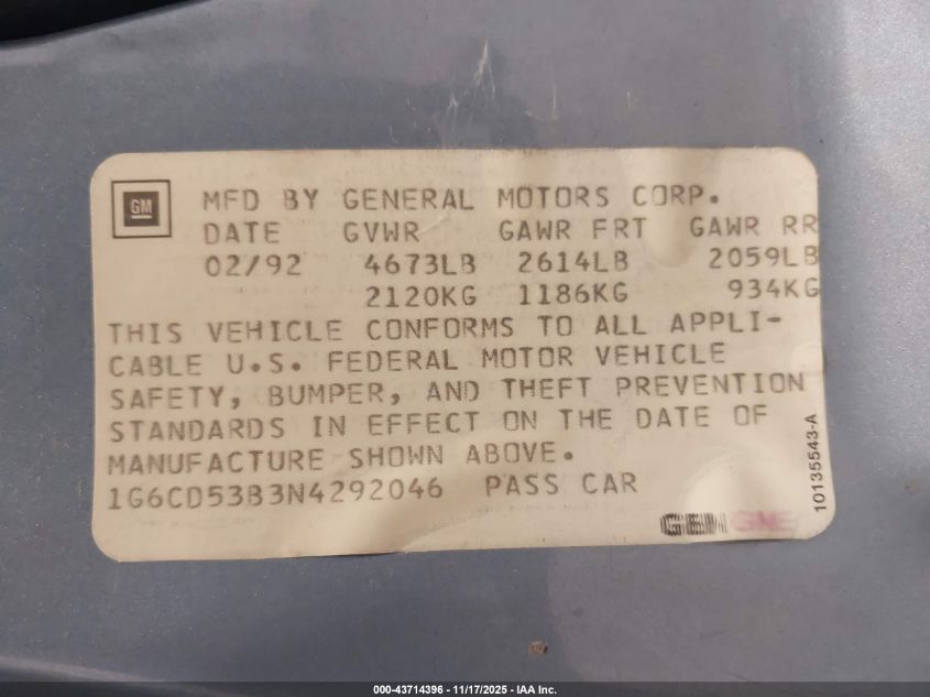 1992 Cadillac Deville VIN: 1G6CD53B3N4292046 Lot: 43714396