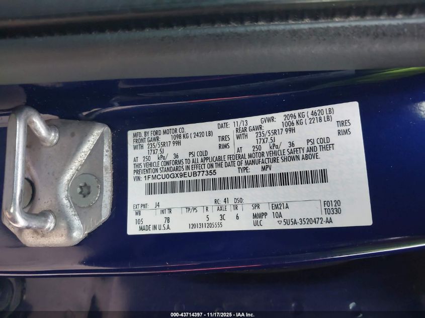 2014 Ford Escape Se VIN: 1FMCU0GX9EUB77355 Lot: 43714397