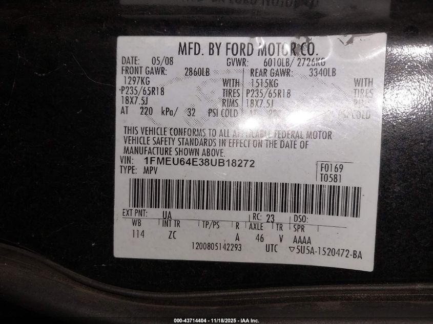 2008 Ford Explorer Eddie Bauer VIN: 1FMEU64E38UB18272 Lot: 43714404