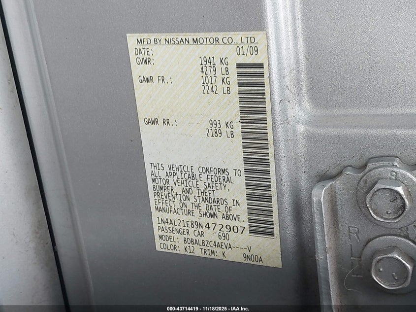 1N4AL21E89N472907 2009 NISSAN ALTIMA photo no. 9